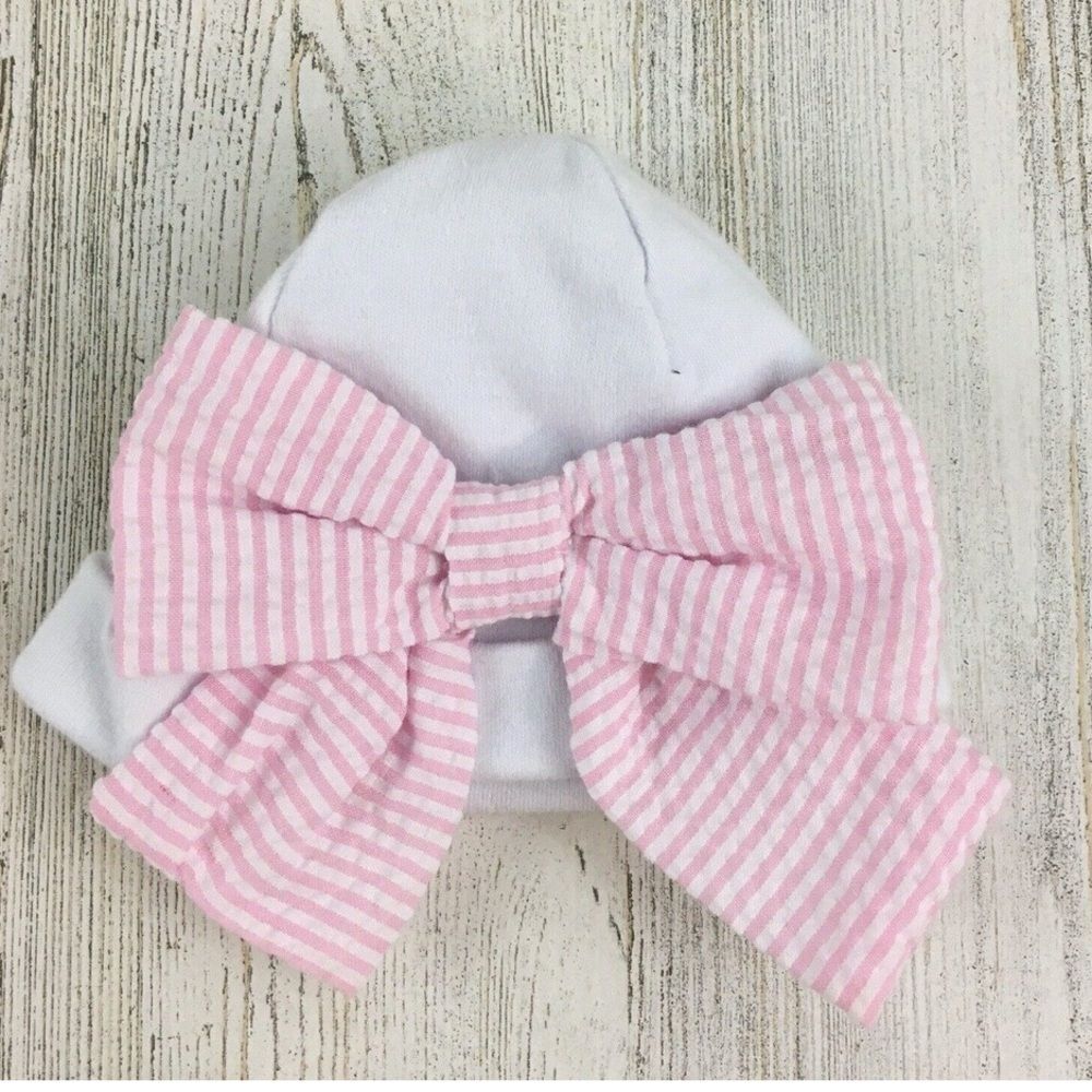 Mud Pie White Baby Cap Pink Seersucker Bow Baby